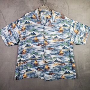 Vintage Big Dogs Camp Shirt Mens‎ 3XL Blue Hawaiian Island Boat Aloha Tropical